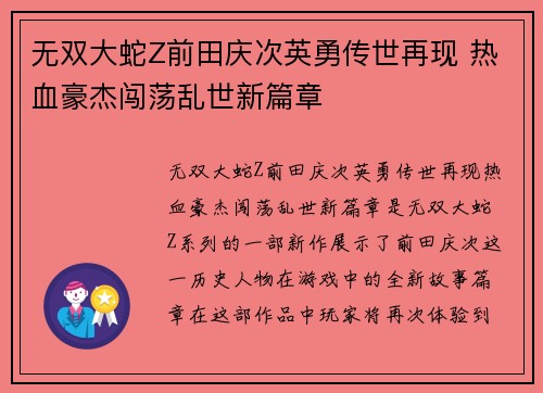 无双大蛇Z前田庆次英勇传世再现 热血豪杰闯荡乱世新篇章