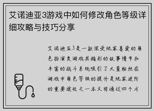 艾诺迪亚3游戏中如何修改角色等级详细攻略与技巧分享
